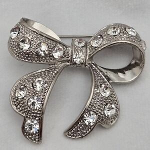 Vintage Silver-Tone Rhinestone Bow Brooch 1.5” x 1.5” Sparkling